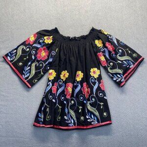 FERATILLI Black Floral Embroidered Off Shoulder Peasant Tunic Cotton Blouse Sz S